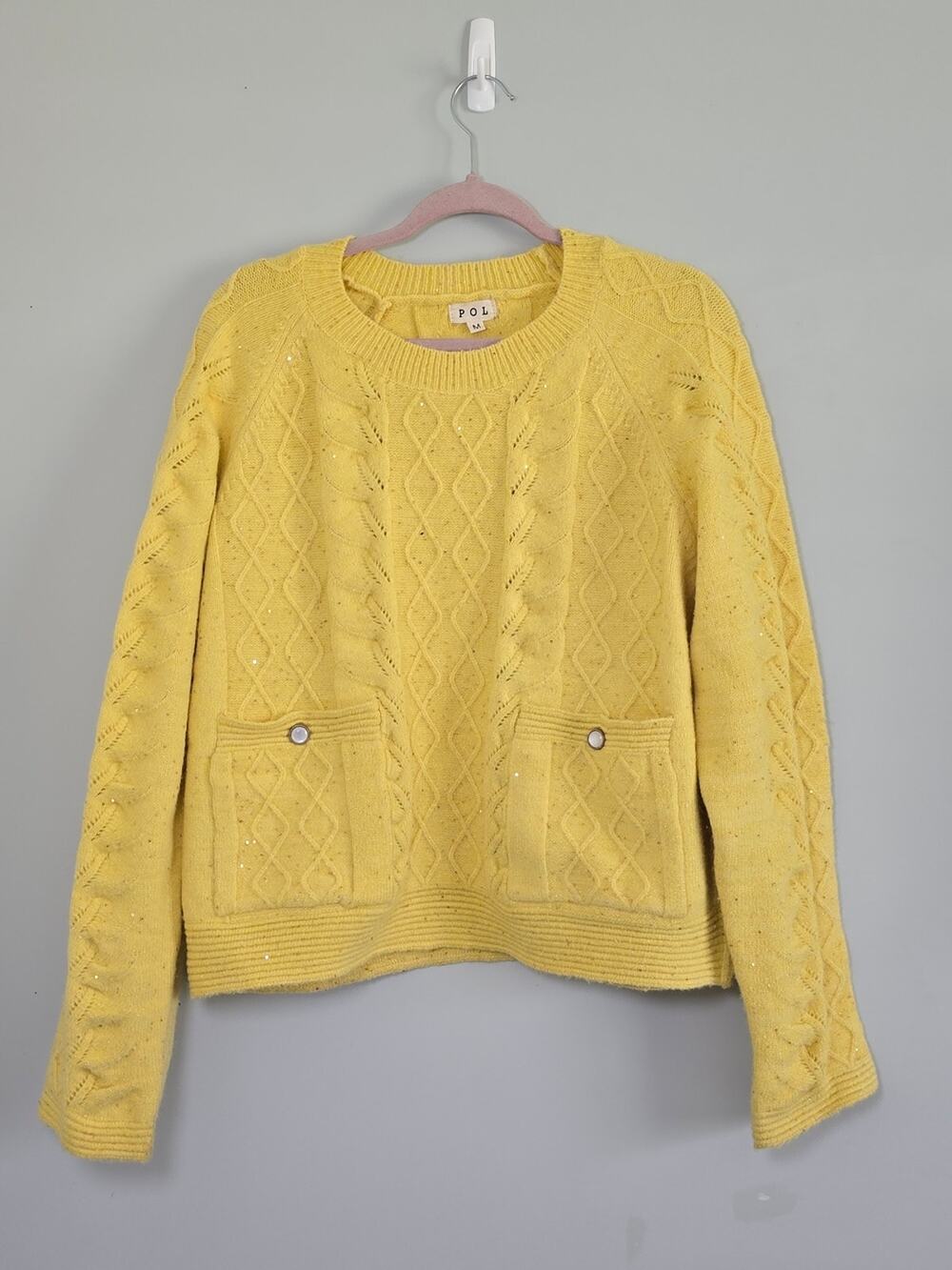 POL Yellow Cable Knit Sweater Pocket Pullover Cottagecore Boho Cozy Knit Top M